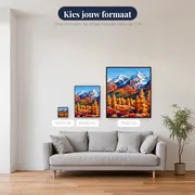 Gouden lariksen op besneeuwde bergtoppen onder blauwe lucht – beschikbare formaten