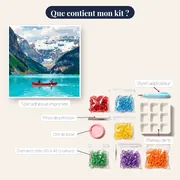 Canoë rouge sur lac glaciaire turquoise – contenu du kit