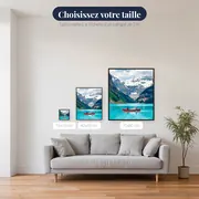 Canoë rouge sur lac glaciaire turquoise – tailles disponibles