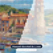 Villaggio Costiero Colorato con Barche e Campanile – primo piano dei diamanti