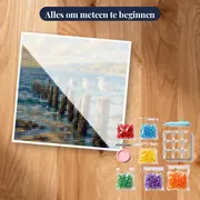 Meeuwen op houten palen bij laagwater – pakket klaar om te beginnen
