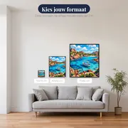 Turquoise baai met zeilboot en granieten rotsen – beschikbare formaten