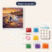 Surfer Riding Sunset Wave With Lighthouse – kit contents