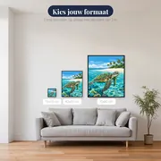 Zeeschildpad in turquoise lagune met palmen – beschikbare formaten