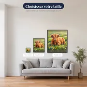 Veau Highland roux dans un pré fleuri – tailles disponibles