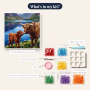 Highland Cow and Calf by the Loch – kit contents