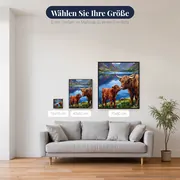 Hochlandrind und Kalb am blauen See – verfügbare Größen