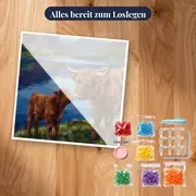 Hochlandrind und Kalb am blauen See – Set bereit zum Loslegen