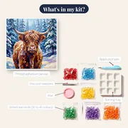 Highland Cow In Snowy Pine Forest – kit contents