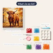 Autumn Highland Cow Among Golden Trees – kit contents