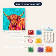 Pop-Art-Hochlandrind mit leuchtenden Farben – Inhalt des Sets