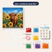Vache Highland au milieu des tournesols d'été – contenu du kit