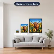 Vache Highland au milieu des tournesols d'été – tailles disponibles