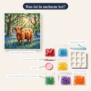 Hochlandrind im blauen Glockenblumenwald – Inhalt des Sets