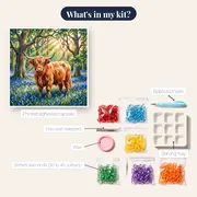 Highland Cow Among Spring Bluebells – kit contents