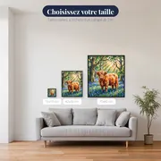 Vache Highland parmi les jacinthes des bois – tailles disponibles