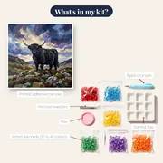 Black Highland Cow on Rocky Hillside – kit contents