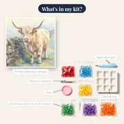 Cream Highland Cow in Morning Mist – kit contents