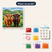 Two Highland Cows on Green Hills – kit contents