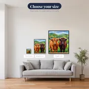Two Highland Cows on Green Hills – available sizes