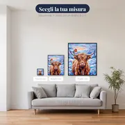 Mucca delle Highlands con pettirosso su corno ghiacciato – misure disponibili