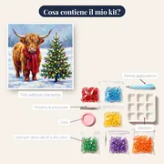 Mucca delle Highlands con sciarpa rossa e albero di Natale – contenuto del kit