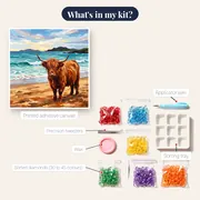 Highland Cow on a Turquoise Hebridean Beach – kit contents