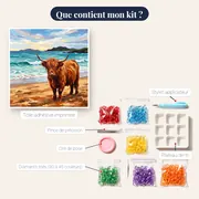 Vache des Highlands sur plage écossaise – contenu du kit