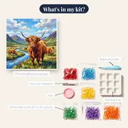 Highland Cows Grazing in a Mountain Valley – kit contents