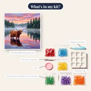 Highland Cow Wading in a Misty Loch – kit contents