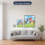 Bluey en Bingo spelen met een rode ballon – beschikbare formaten