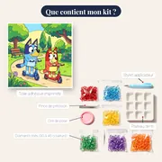 Bluey et Bingo en trottinette au parc – contenu du kit