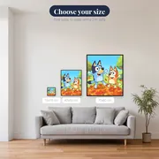Bluey and Bingo Jumping in Autumn Leaves – available sizes