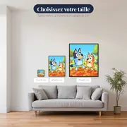 Bluey et Bingo sautant dans les feuilles d'automne – tailles disponibles