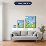 Bluey and Bingo Flying a Kite on a Windy Hill – available sizes