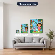 Dora and Boots at the Waterfall with Parrots – available sizes