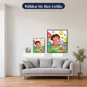 Dora und Boots im farbenfrohen Blumengarten mit Schmetterlingen – verfügbare Größen