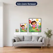 Dora en Boots in een bloementuin met vlinders – beschikbare formaten