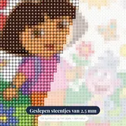 Dora en Boots in een bloementuin met vlinders – close-up van de steentjes