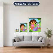Dora und Boots öffnen den Rucksack auf der Wiese – verfügbare Größen