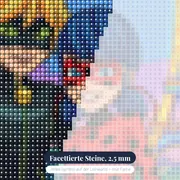 Ladybug und Cat Noir vor beleuchtetem Eiffelturm – Nahaufnahme der Steine