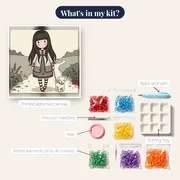 Gorjuss Girl Walking White Dog – kit contents