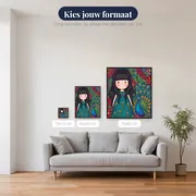 Gorjuss-meisje en kleurrijke pauw – beschikbare formaten