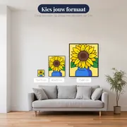 Grote Zonnebloem in Blauwe Vaas – beschikbare formaten