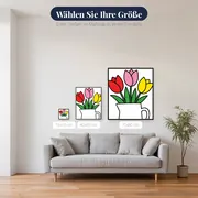Drei Bunte Tulpen Im Weißen Krug – verfügbare Größen