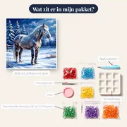 Grijs paard in besneeuwde winterweide – inhoud van het pakket