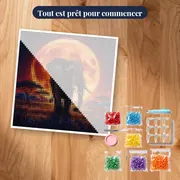 Éléphant en silhouette devant la lune orange – kit prêt à commencer