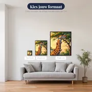Giraf met ossenpikkers in de ochtend – beschikbare formaten