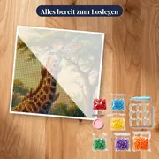Giraffe mit Madenhackern im Morgenlicht – Set bereit zum Loslegen