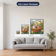 Jonge konijntjes in rieten mand met lentebloemen – beschikbare formaten
